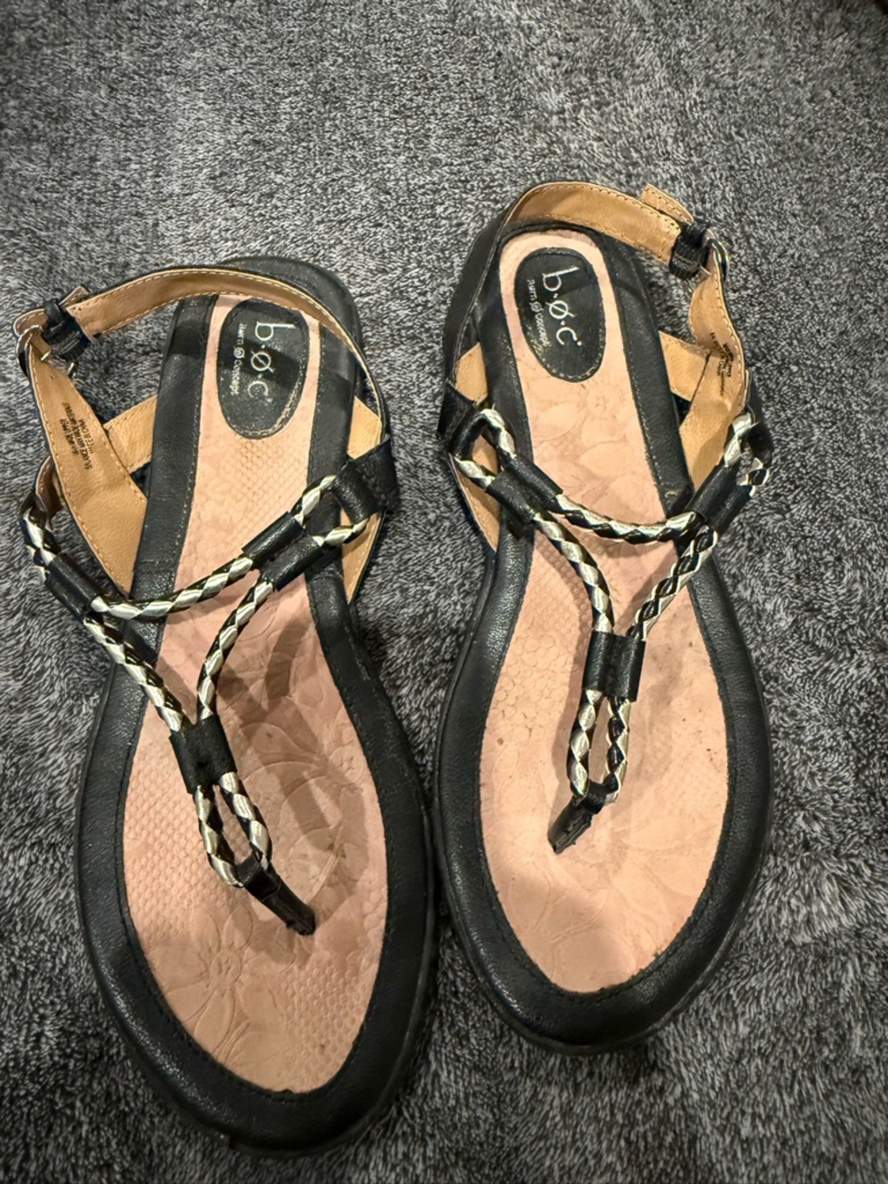 b.o.c. Black Braided T-Strap Sandals with Tan Footbed